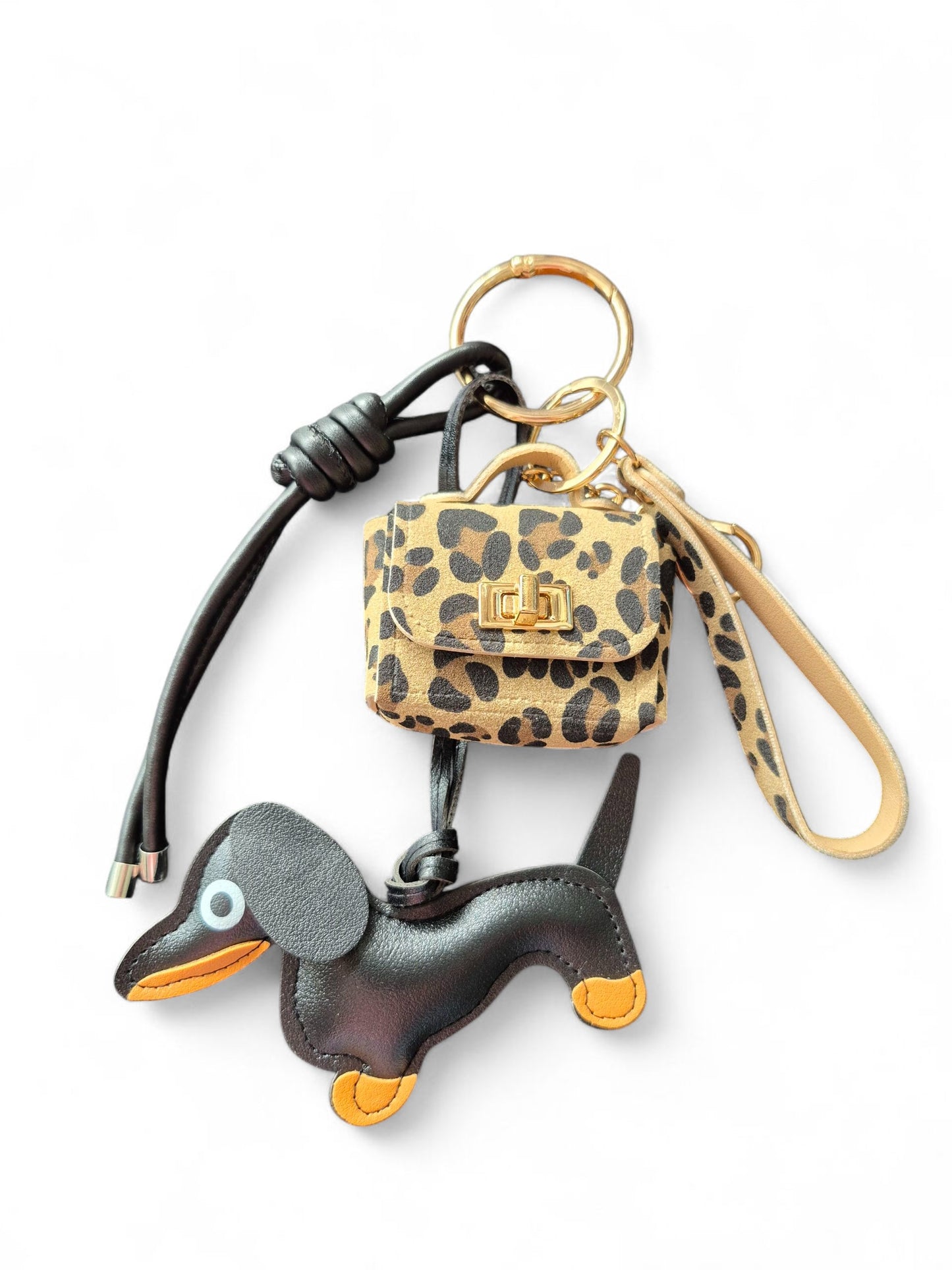 Teckel bag charm met luipaard mini tas