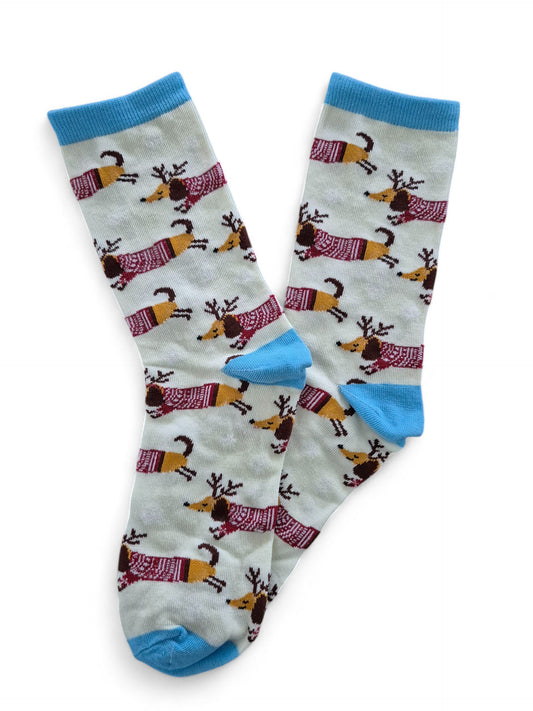 Kerstsokken teckel met gewei en kersttrui creme/lichtblauw